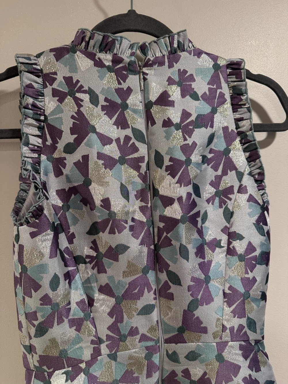 kate spade Moonglow wallflower ruffle Silver Dress Purple Floral Jacquard NWT 00 - Picture 8 of 16